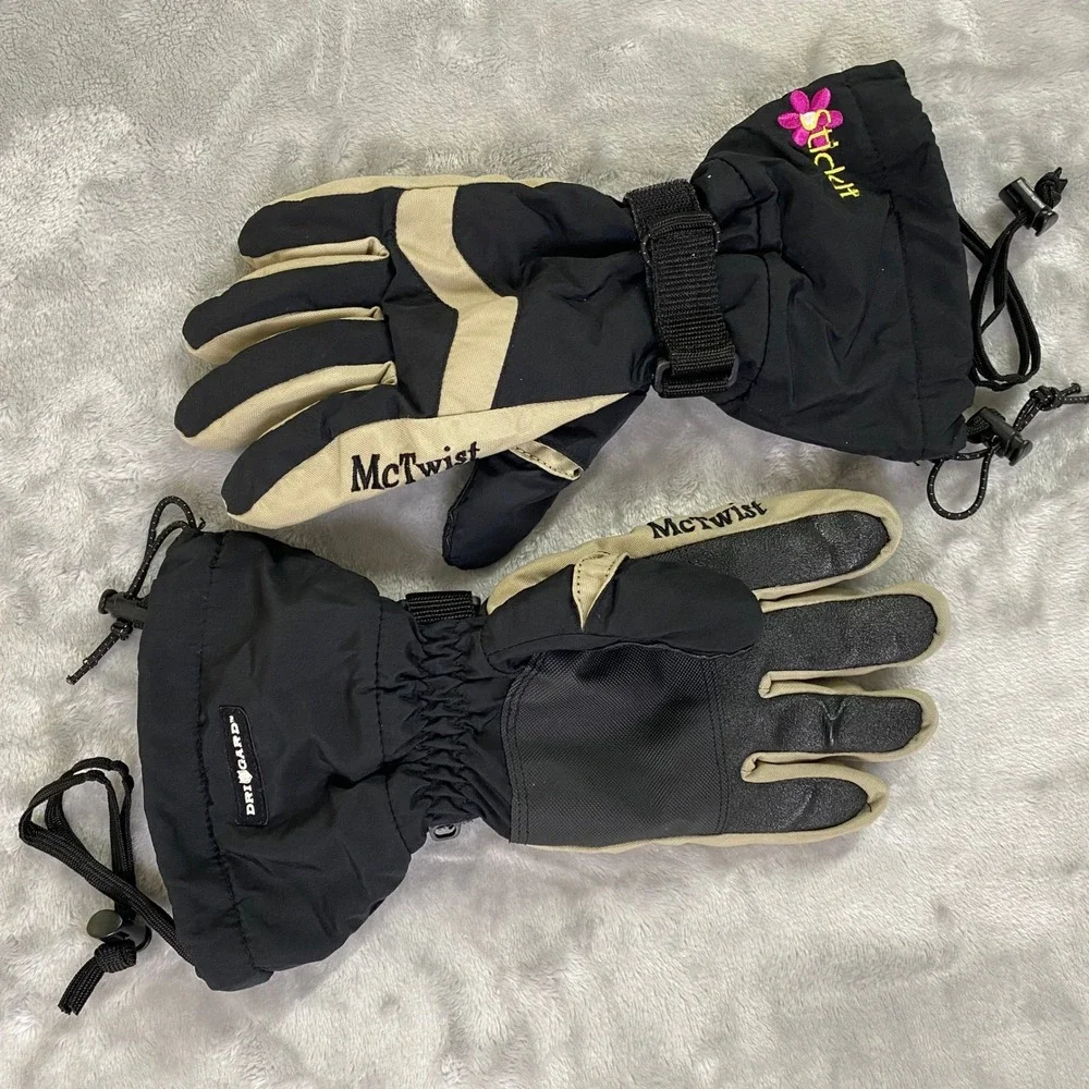 McTwist Ski Gloves Ladies Medium Black Tan Primaloft DriGard Waterproof Floral